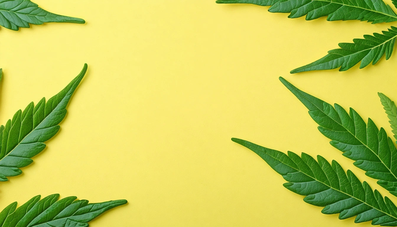 Green leaves arranged around the edges on a bright yellow background