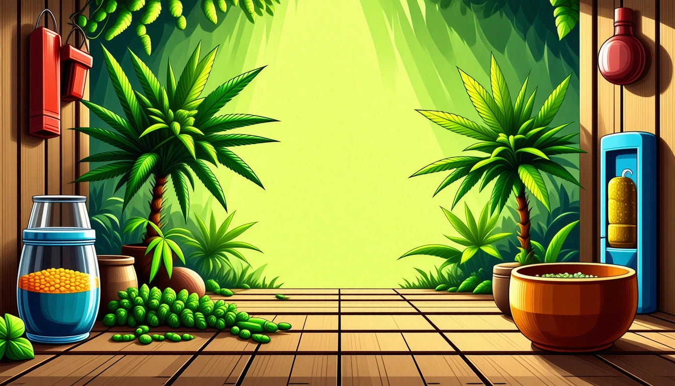 Wooden deck with potted plants, palm trees, and a bright green background. Containers with yellow and green contents on the sides