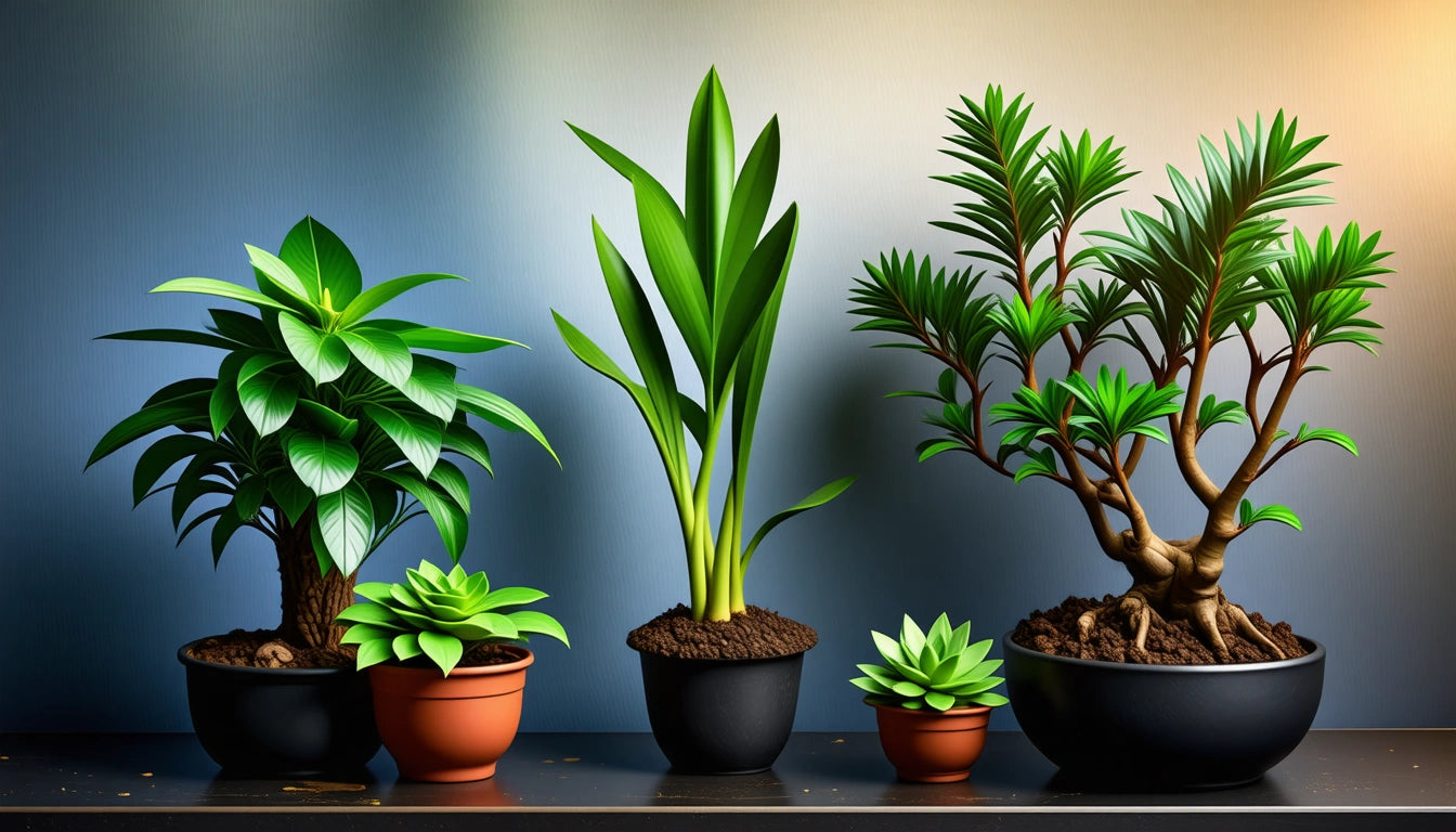Four potted plants with lush green leaves on a dark surface, gradient background from blue to orange