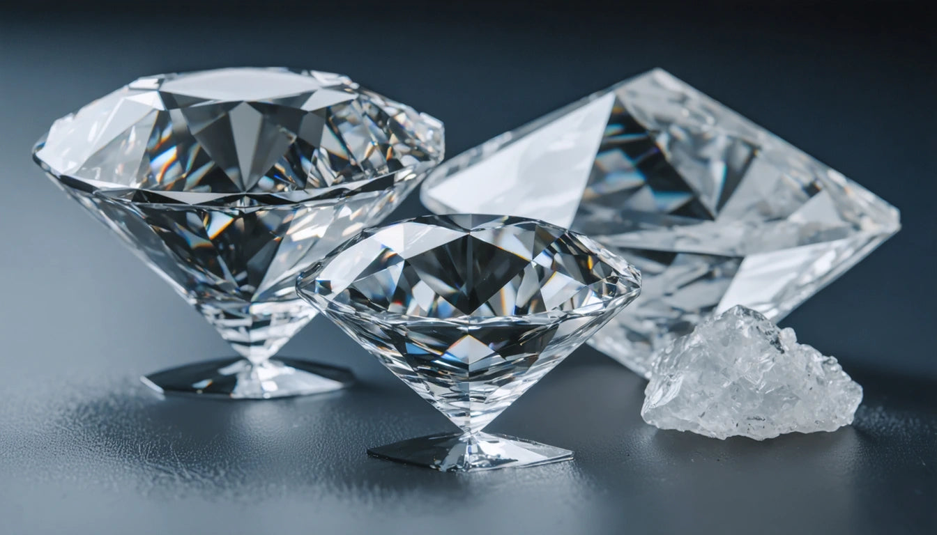 Two large cut diamonds and a rough crystal on a dark surface, reflecting light with colorful facets