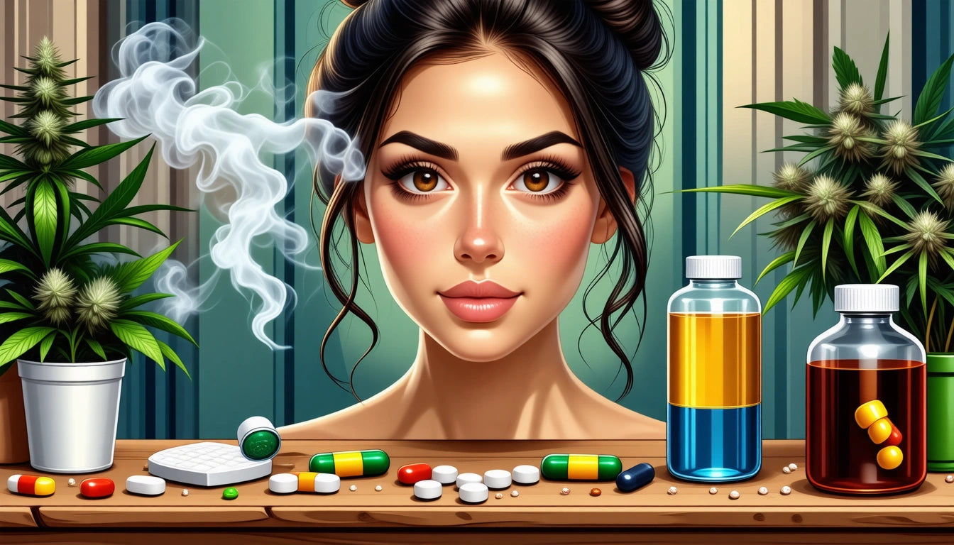 Woman with dark hair, surrounded by smoke, sits behind a table with various pills, two bottles, and potted plants