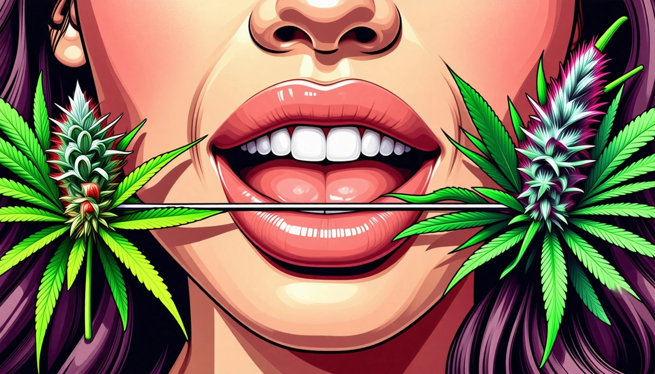 Close-up of a woman's mouth with glossy lips, holding a cannabis leaf and bud between her teeth, vibrant colors