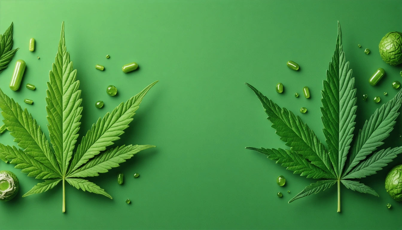 Two cannabis leaves on a green background, surrounded by green capsules and droplets, with empty space in the center