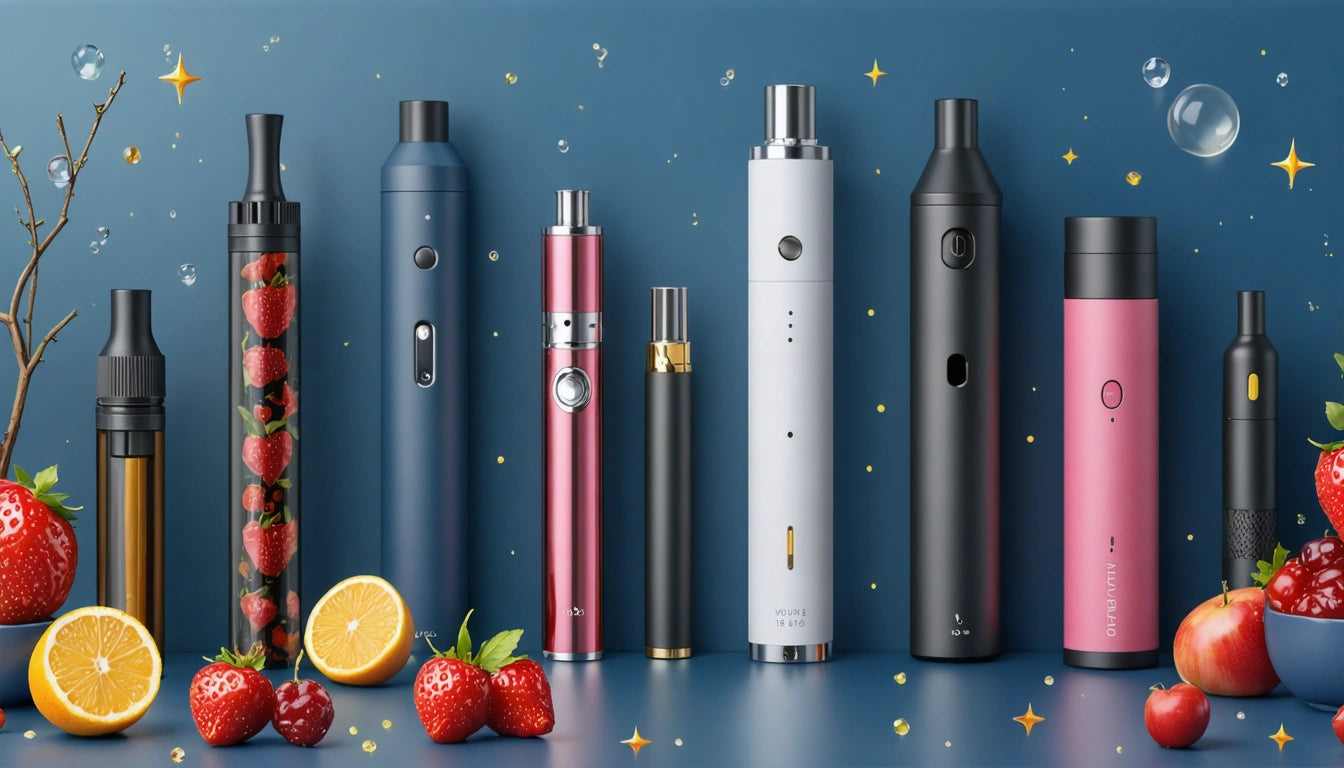 Various colorful vape pens stand upright on a blue surface, surrounded by strawberries, lemon slices, and small sparkles
