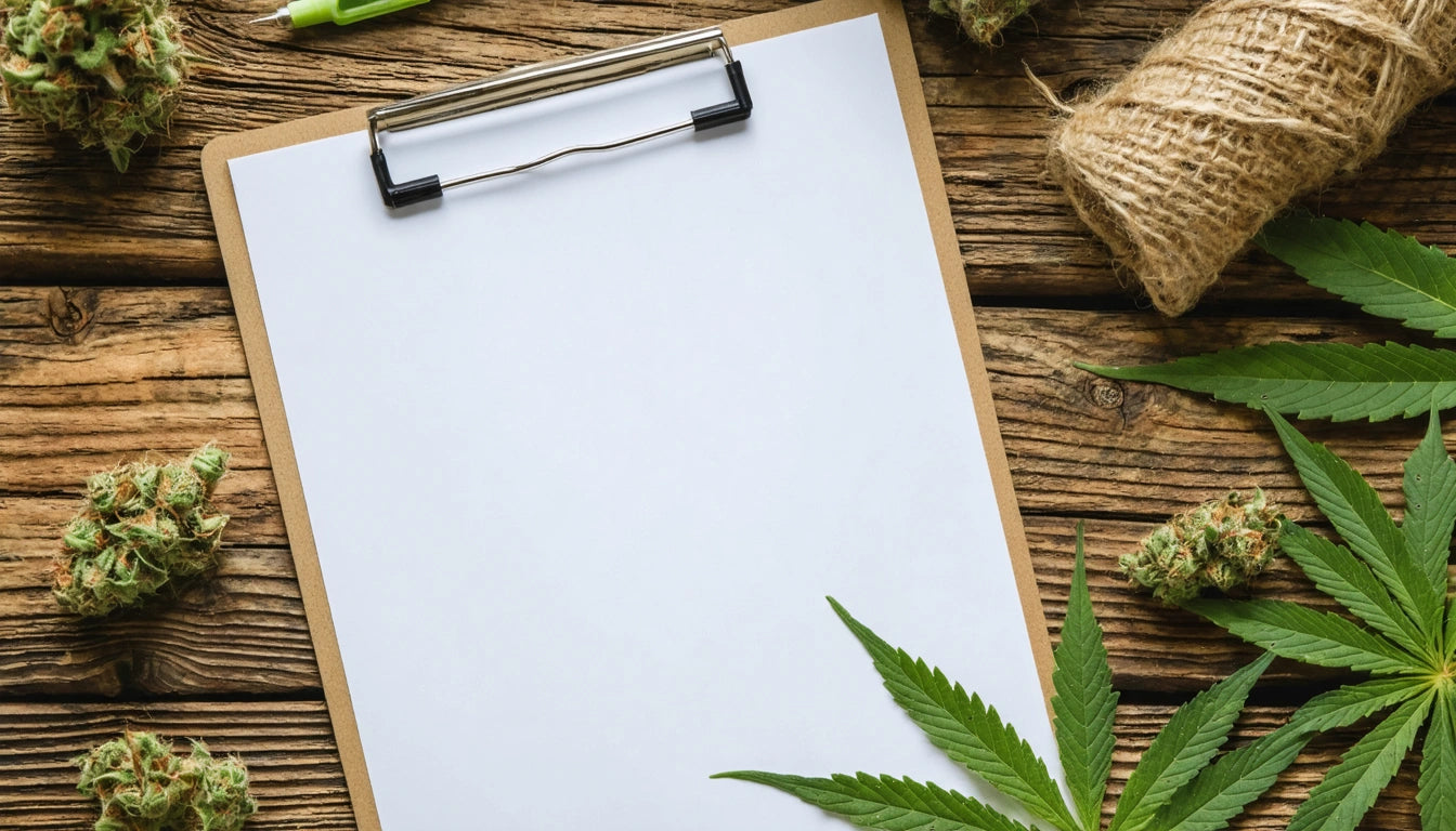Blank clipboard on wooden surface, surrounded by hemp leaves, twine, and green buds