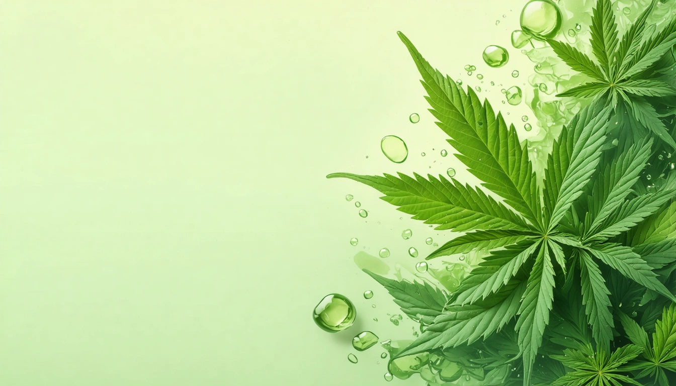 Green leaves with serrated edges and water droplets on a light green background