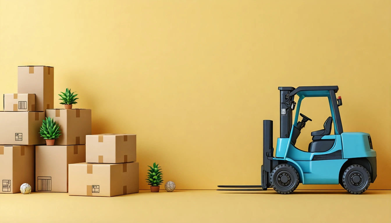 Blue forklift facing right, next to stacked cardboard boxes and a small potted plant on a yellow background