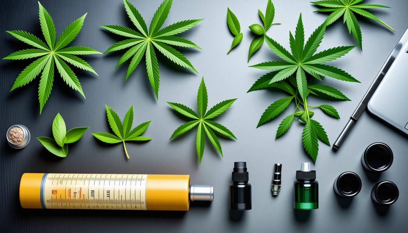 Green leaves, yellow canister, small bottles, and a pen arranged on a dark surface