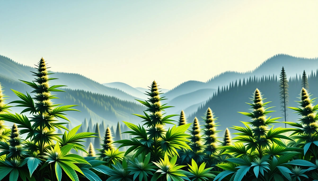 Lush green plants with pointed leaves in foreground, layered blue mountains in background under a clear sky