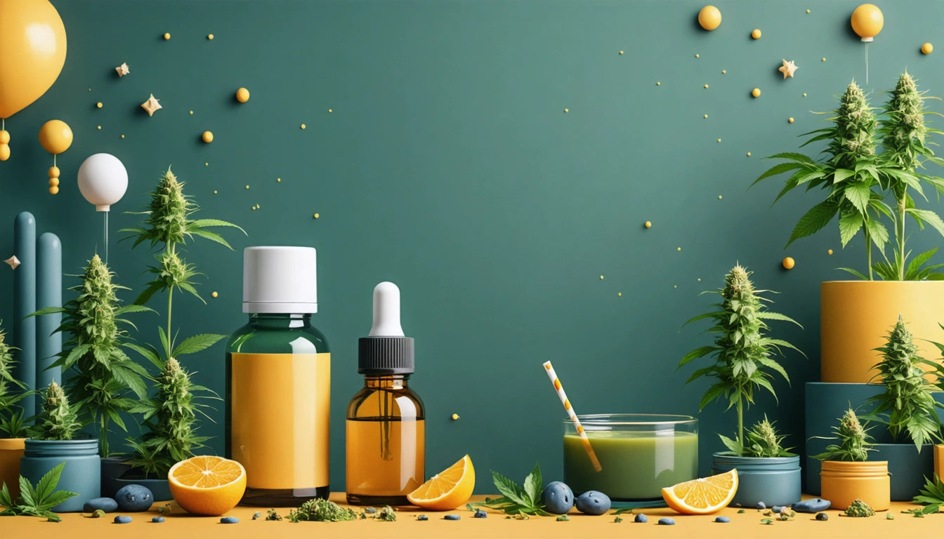 Green and amber bottles, sliced oranges, blueberries, and cannabis plants on a yellow surface against a green background