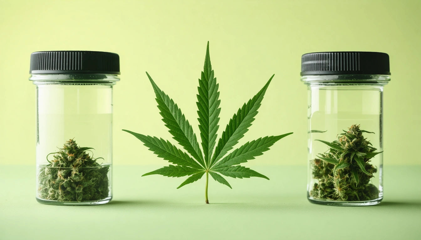 Two glass jars with black lids, each containing green buds, flank a large green leaf on a light green background