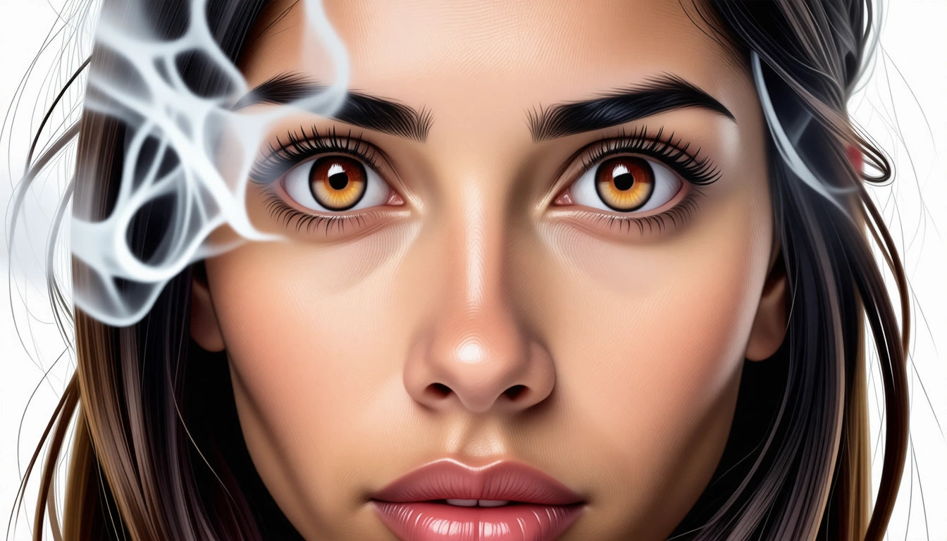 Woman's face with brown eyes, long dark hair, and smoke swirling near her forehead, against a white background