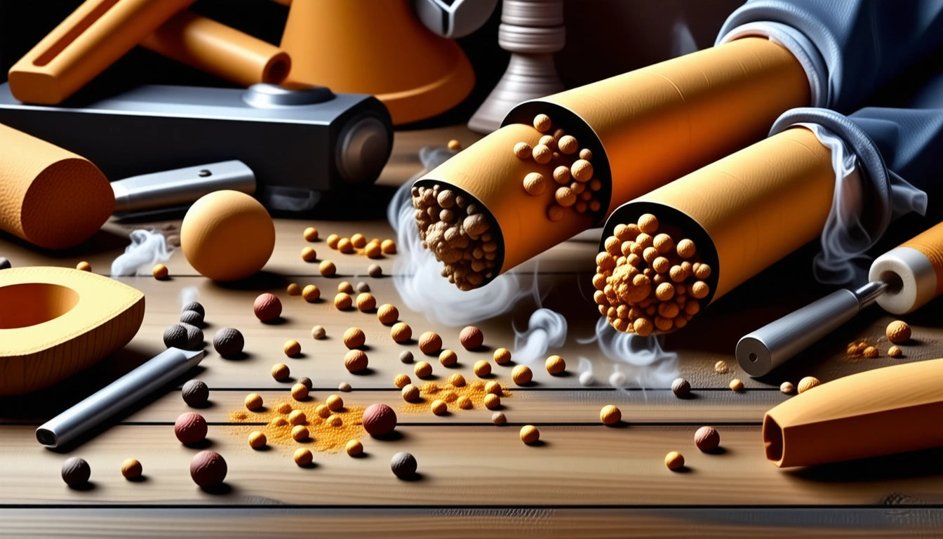 Three tubes filled with small round objects, smoke rising, scattered beads and powder on wooden surface, various tools nearby