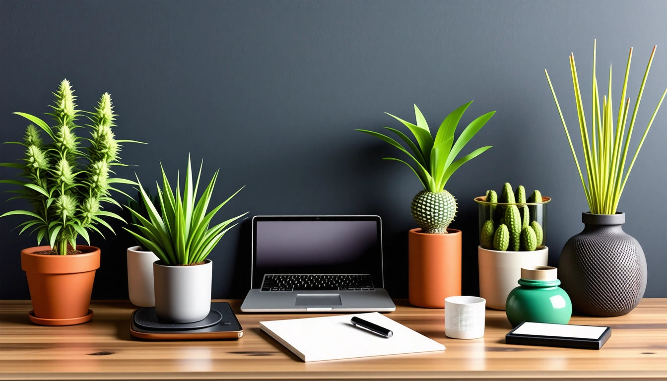 Laptop on wooden desk surrounded by potted plants, notebook, pen, and small green vase against a dark wall