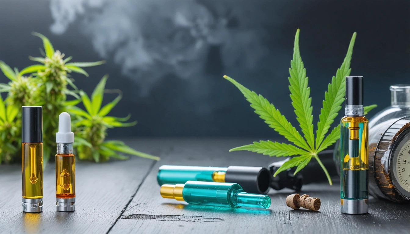 Vape pens and cartridges on wooden surface, cannabis leaves, and smoke in background