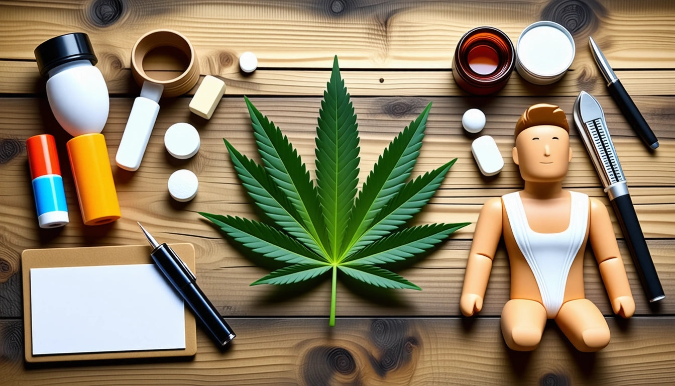 Large green leaf centered on wooden surface, surrounded by toy figure, pills, syringe, bottles, and notepad