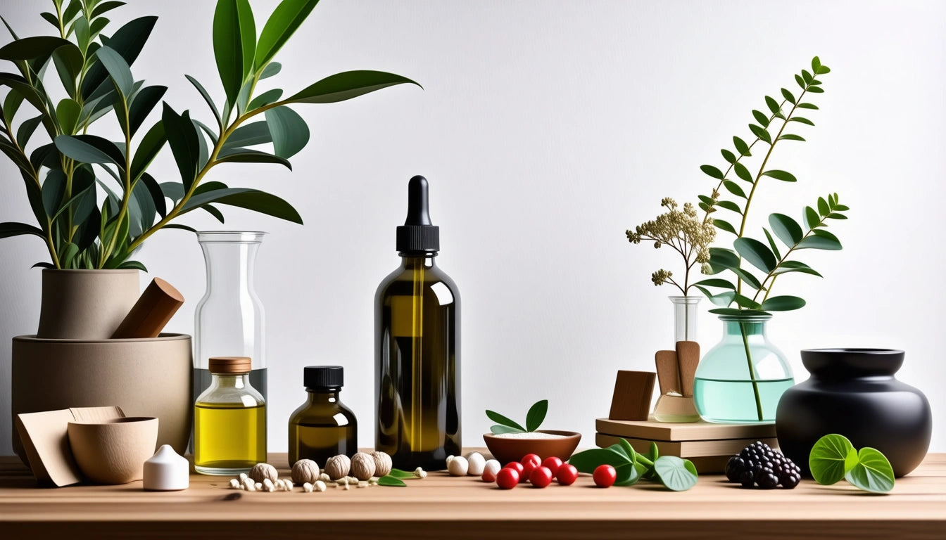 Various bottles and jars with oils, plants, and berries on a wooden table against a white background