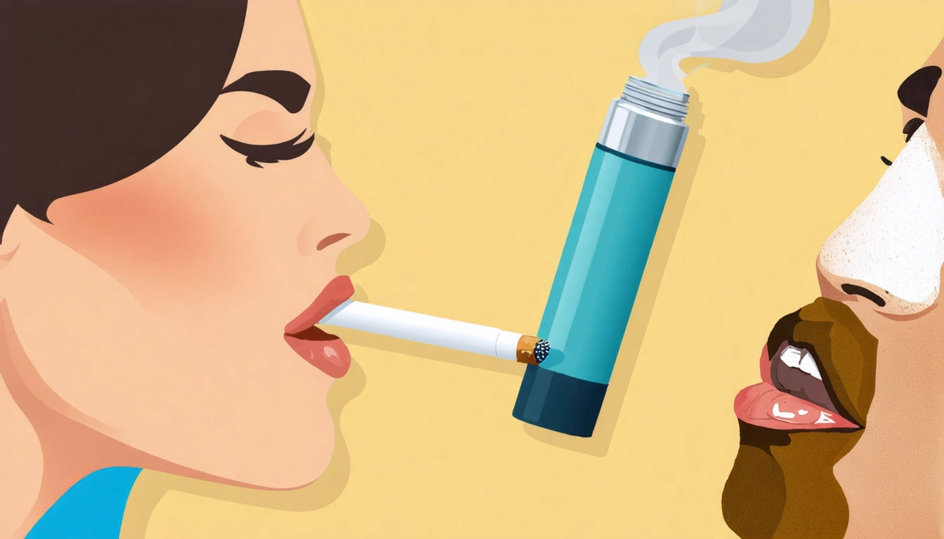 Two illustrated faces in profile, woman on left with cigarette, man on right with inhaler, smoke rising from inhaler