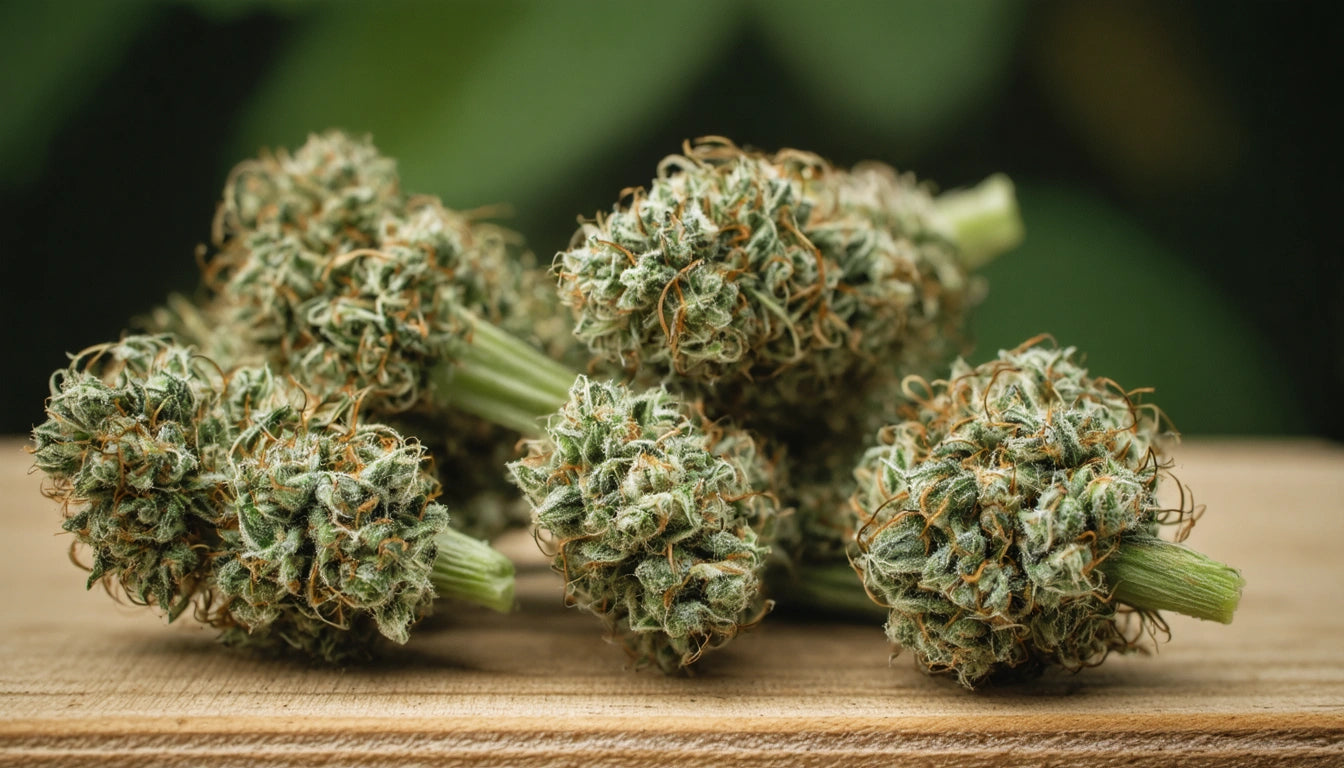 Five dense, green buds with orange hairs on a wooden surface, blurred green background