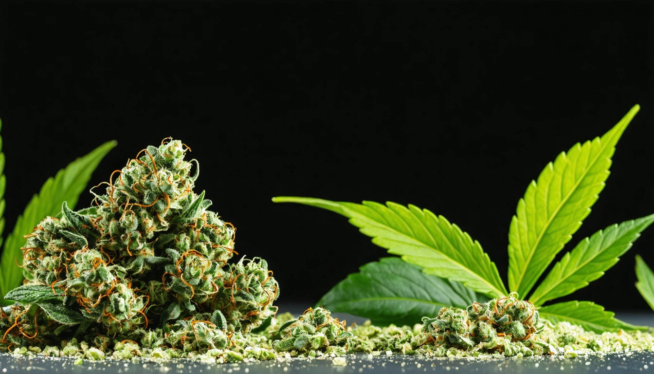 Green leafy plant with clusters of small, dense buds and scattered leaves on a dark background