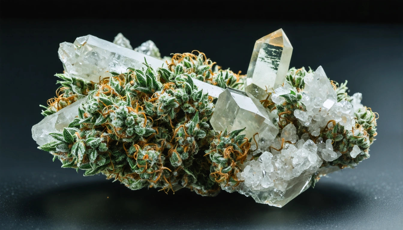 Cluster of clear quartz crystals and green plant buds with orange strands on a dark surface