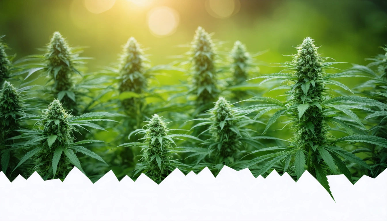 Tall green plants with pointed leaves and dense clusters, set against a blurred background with warm sunlight