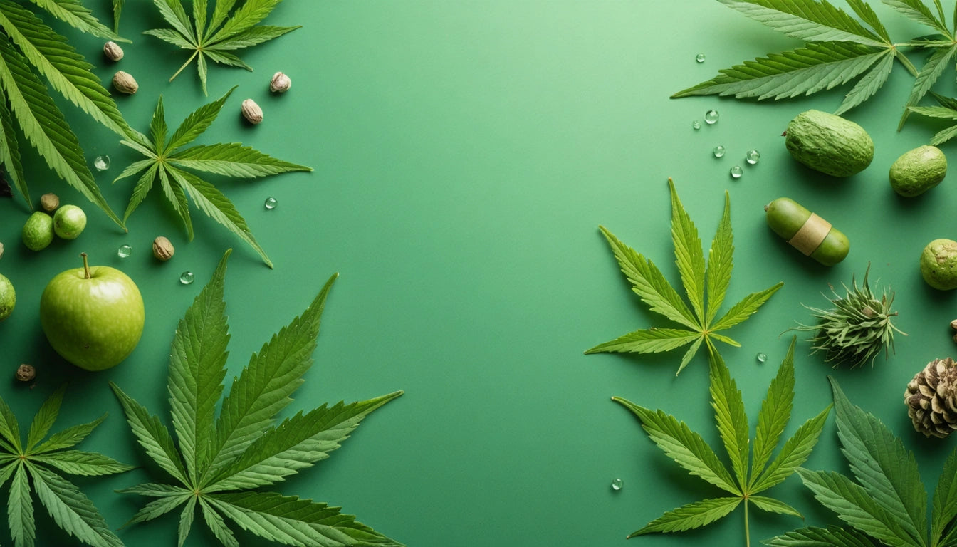 Cannabis leaves, apple, nuts, and small green fruits on a green background with scattered water droplets