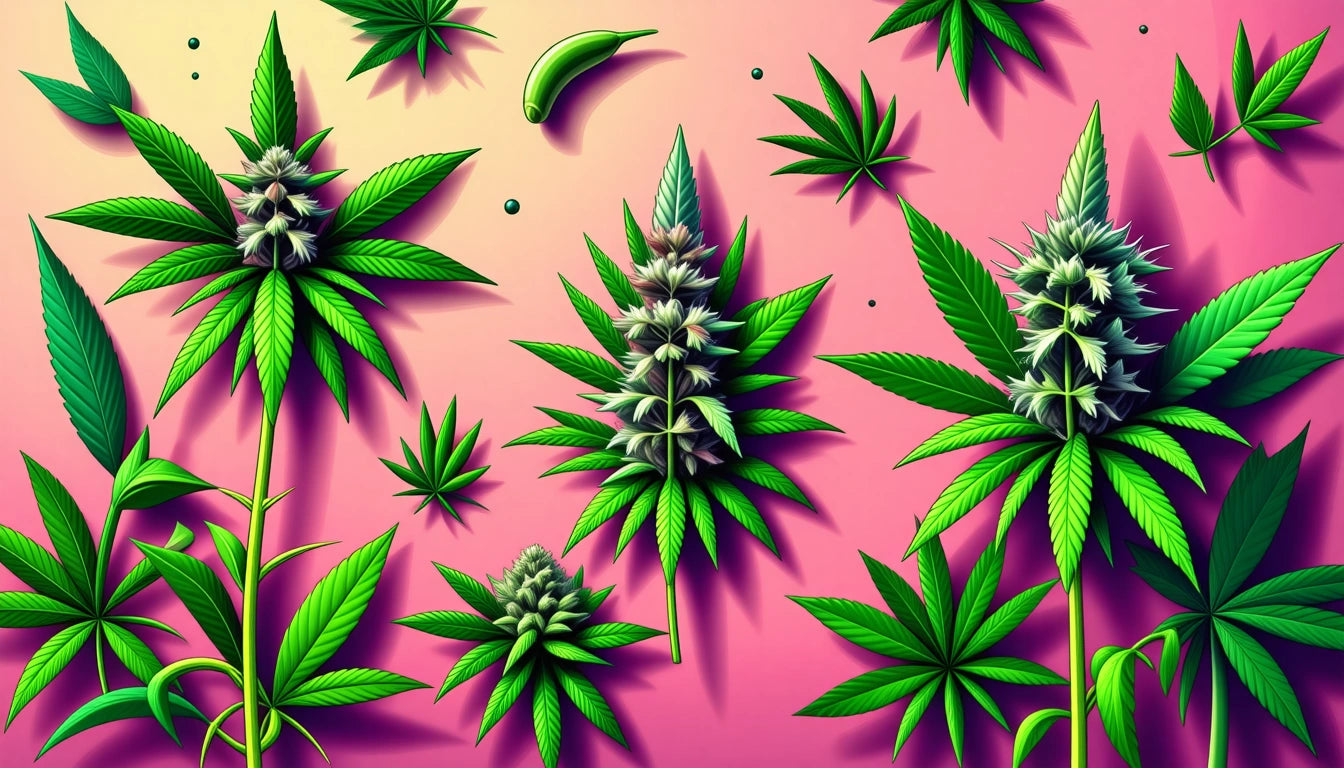 Green cannabis leaves and buds scattered on a pink gradient background