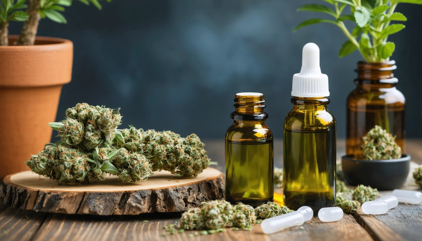 Glass bottles with droppers, green plant buds on wooden slab, small potted plant, dark background