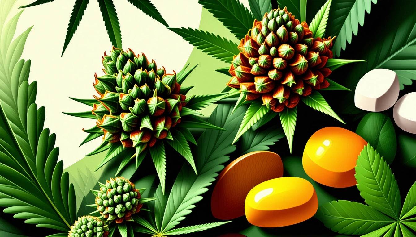 Green spiky plants with large buds, surrounded by green leaves, next to white and yellow oval-shaped objects