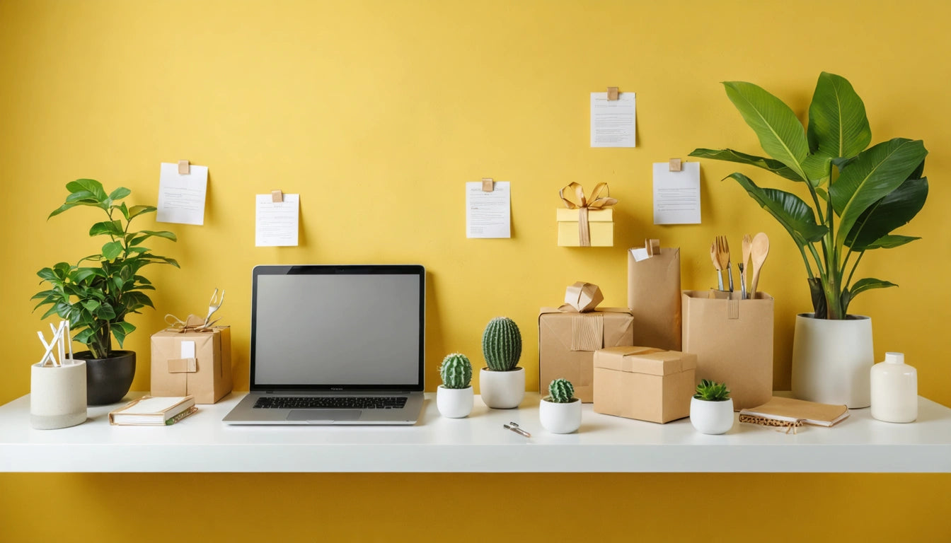 Laptop on white desk with potted plants, wrapped gifts, and utensils against a yellow wall with hanging notes