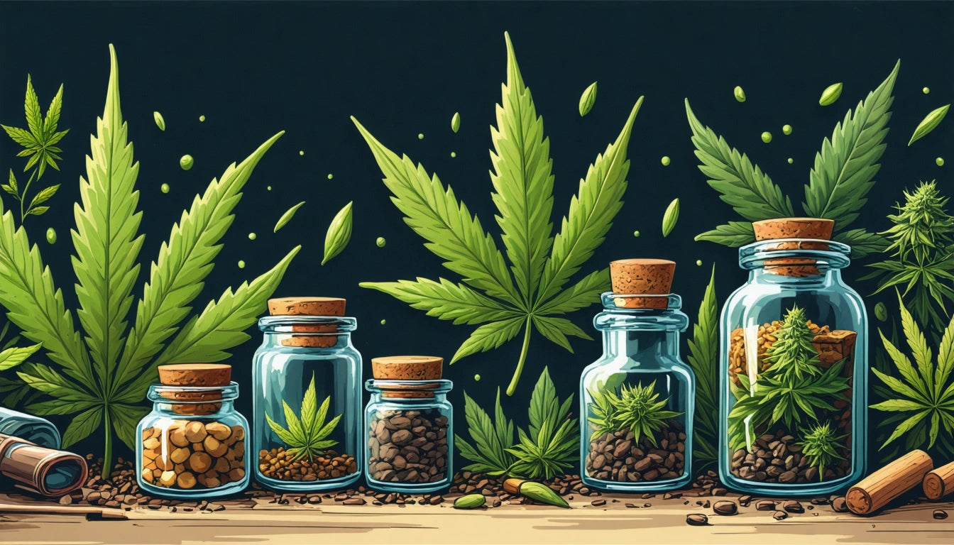 Glass jars with cork lids containing various seeds and leaves, surrounded by large green leaves and scattered seeds on a dark background