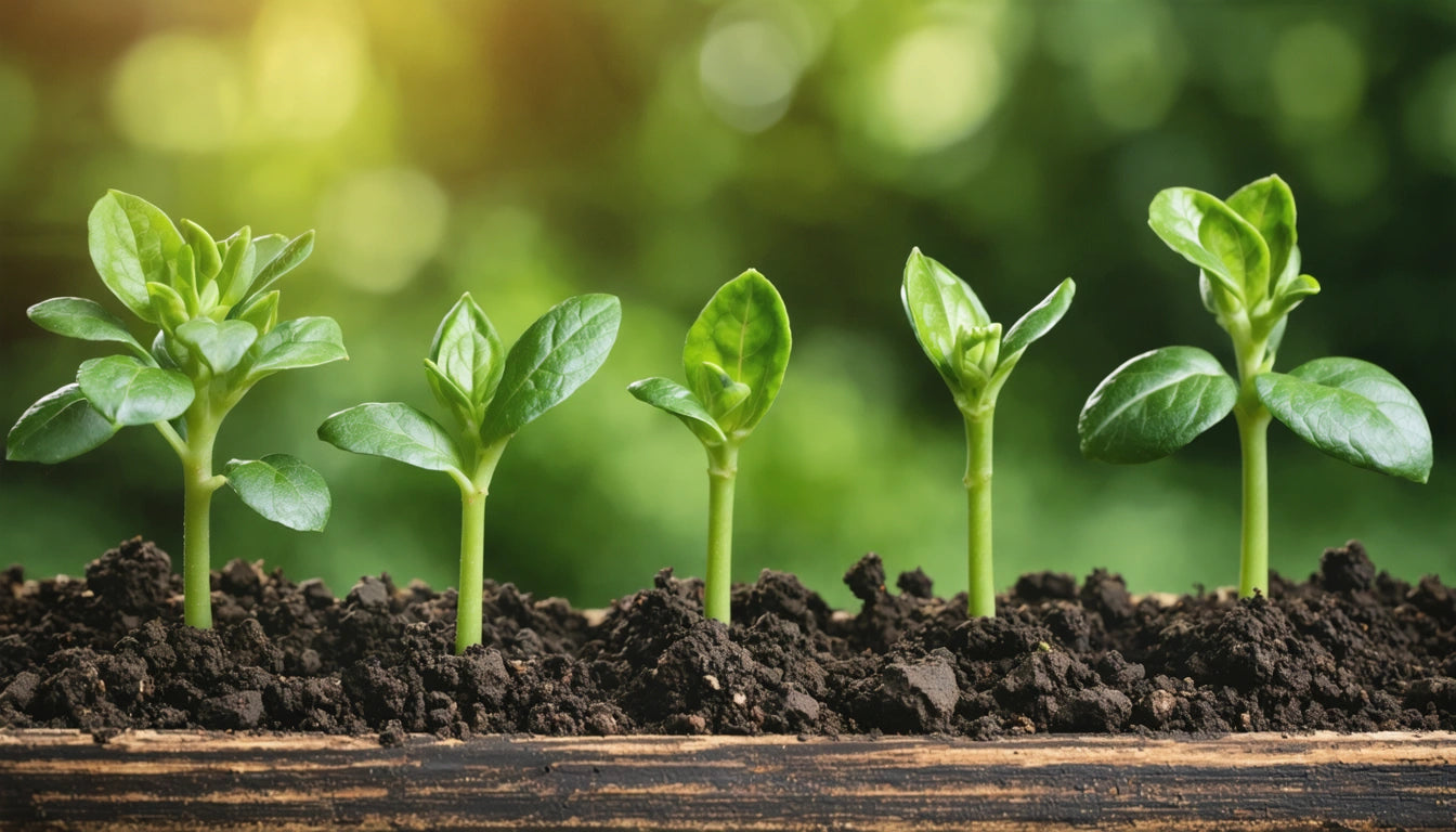 Five green seedlings sprouting from dark soil with a blurred green background and sunlight filtering through