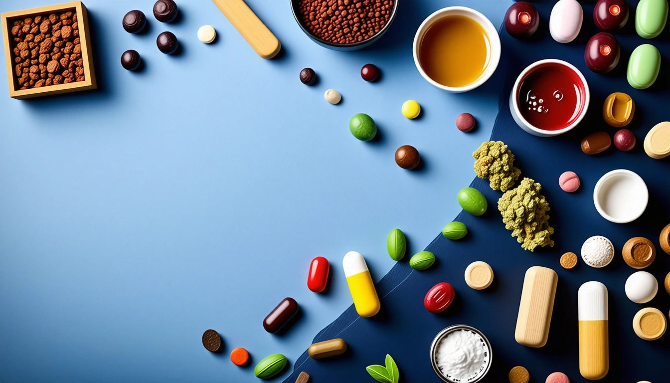 Various pills, capsules, and small bowls with liquids and powders scattered on a blue surface