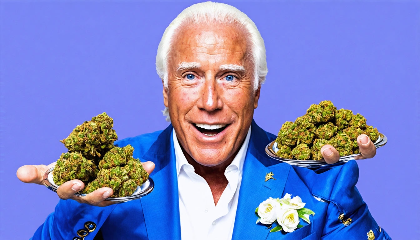Smiling man with white hair in blue suit holding plates of green buds against a purple background