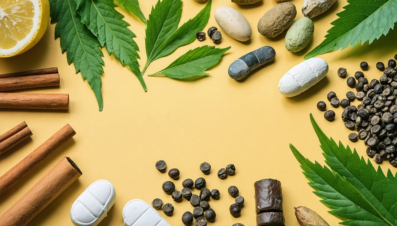 Lemon slice, cinnamon sticks, leaves, pills, stones, and peppercorns on a yellow background