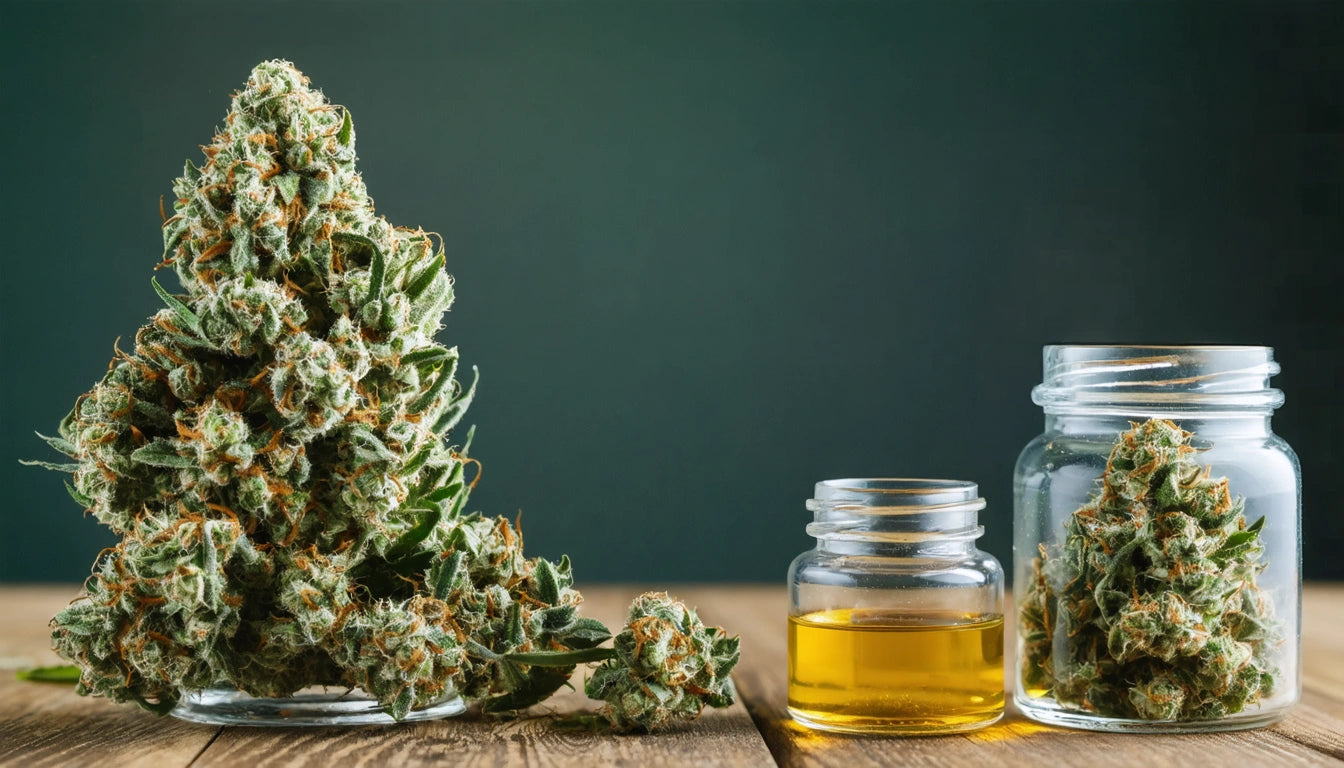 Large green plant with orange hairs on left, small jar of yellow liquid and jar with similar plant on right, wooden surface