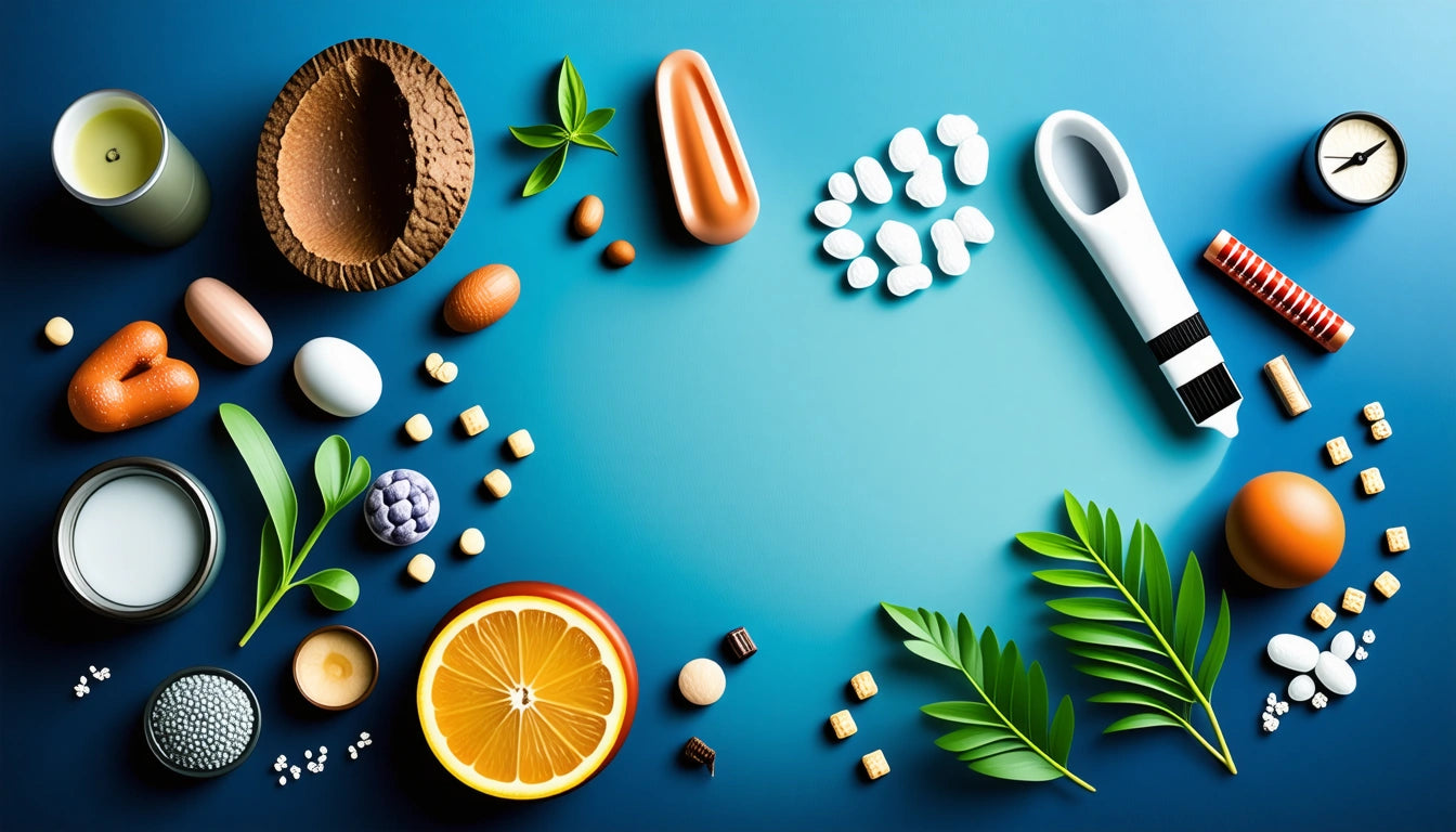 Assorted objects including pills, plants, orange slice, candle, and kitchen tools on a blue background