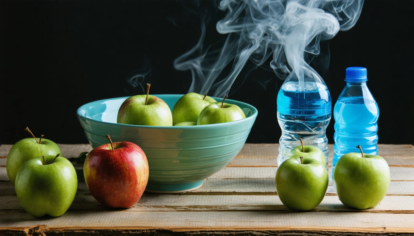 Green apples in a turquoise bowl, red apple beside it, two steaming water bottles, and a blue bottle on a wooden surface