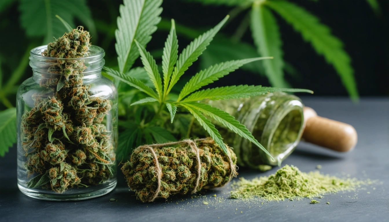 Glass jars with cannabis buds, hemp leaves, and ground cannabis on a dark surface