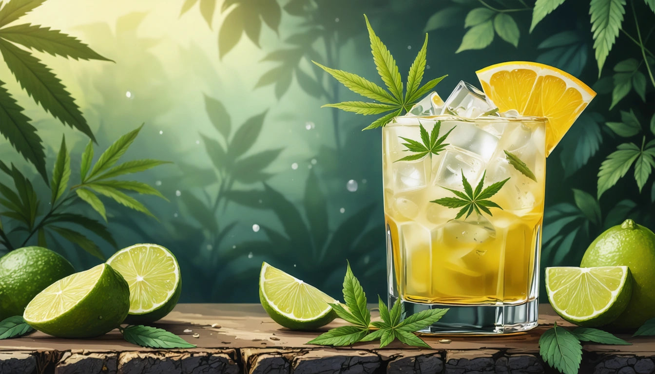 Glass of iced drink with orange slice and green leaves, surrounded by lime wedges and whole limes on a wooden surface