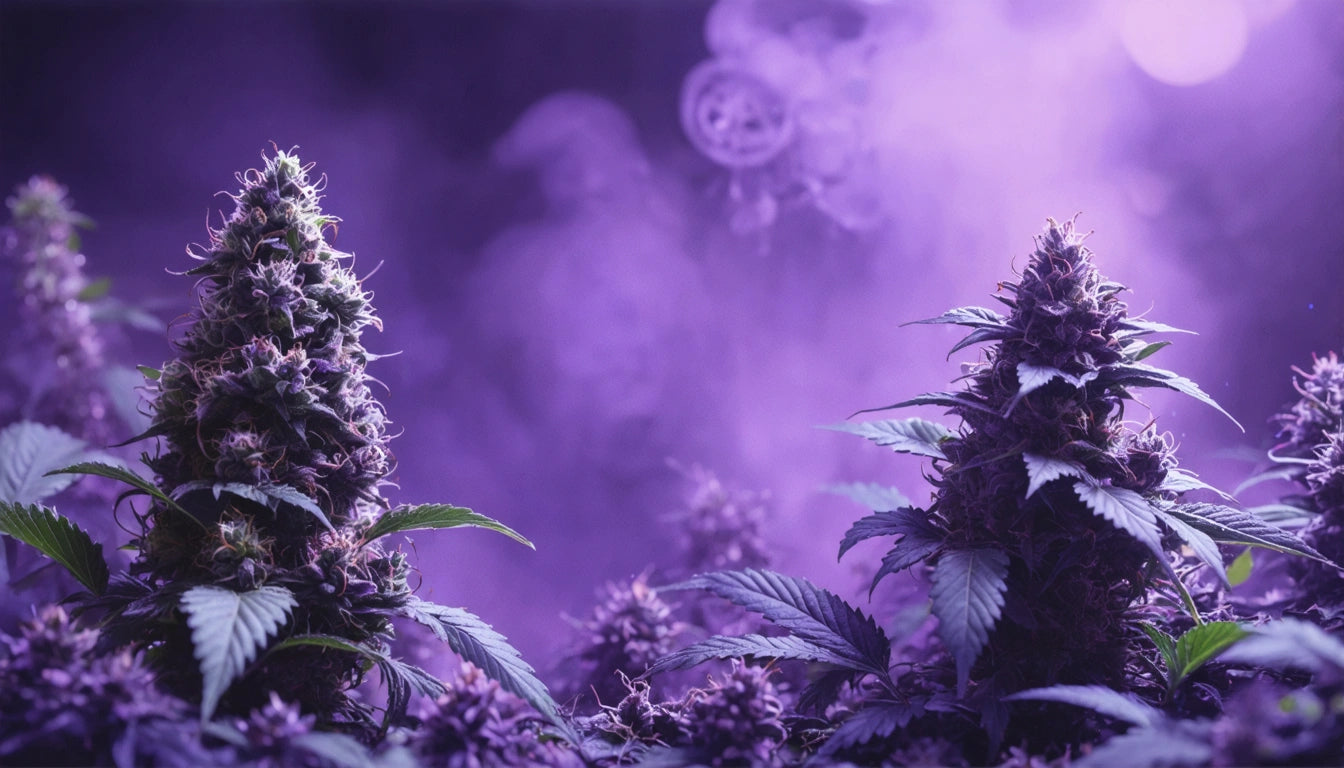 Two tall plants with dense clusters of leaves and buds, surrounded by purple mist and soft lighting
