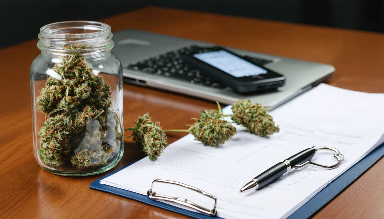Glass jar with buds on table, next to clipboard with papers, pen, and laptop with smartphone on top