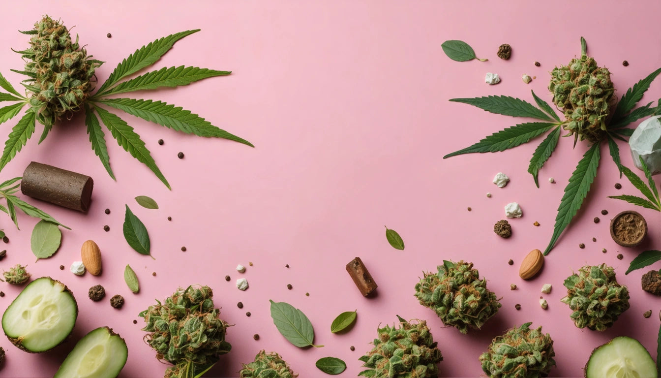 Cannabis buds, leaves, cucumber slices, nuts, and seeds scattered on a pink background