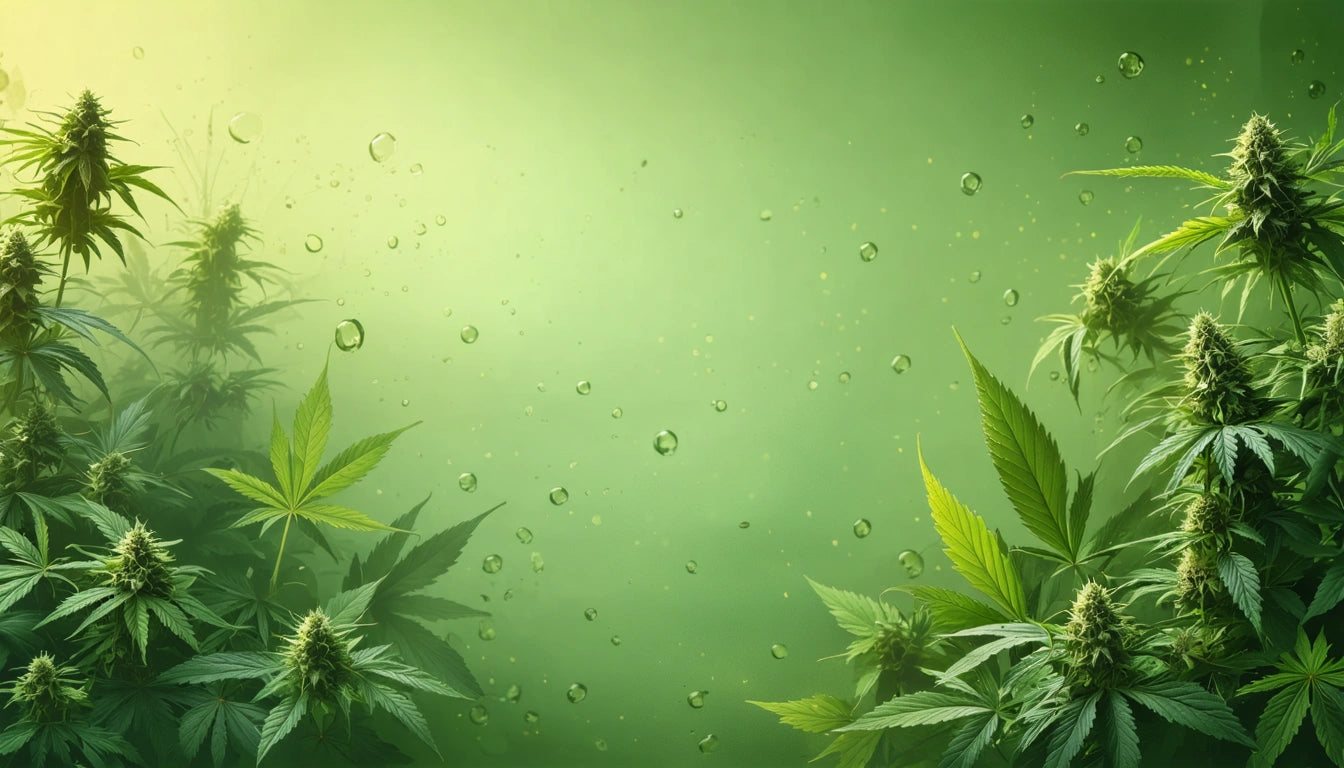 Green plants with pointed leaves and buds on both sides, droplets scattered across a soft green gradient background