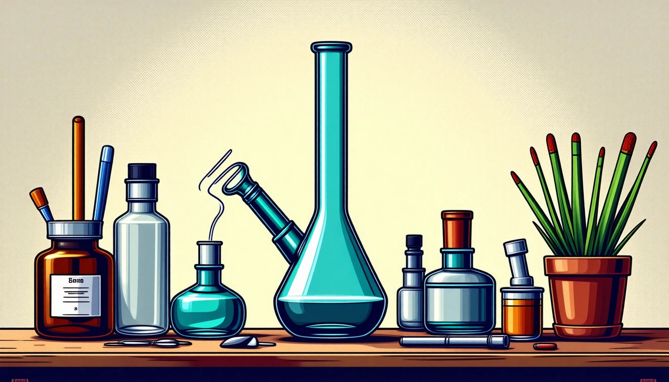Various glass bottles and flasks on a wooden shelf, with a potted plant and scattered pencils