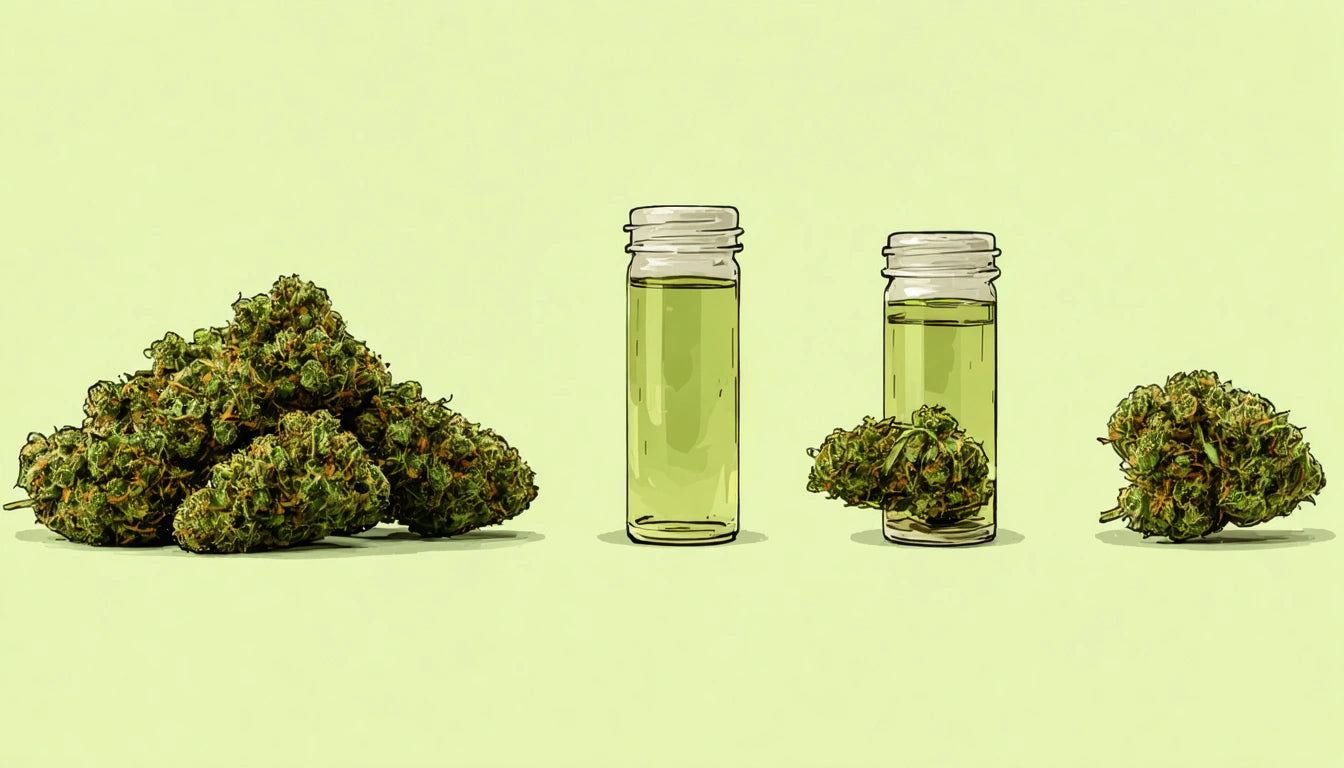 Green buds and two glass jars with green liquid, one jar with a bud inside, on a light green background