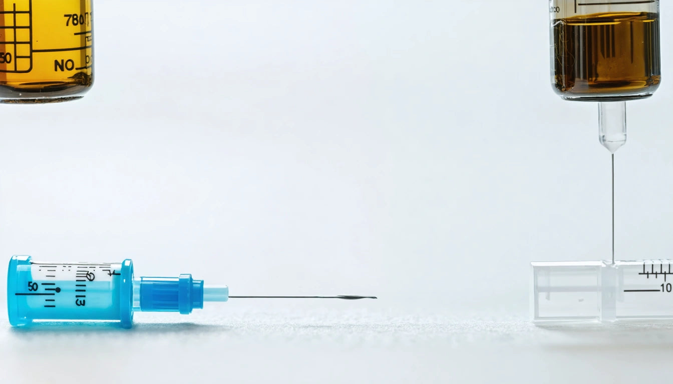 Blue syringe with needle pointing right, clear liquid in a vial above, against a white background