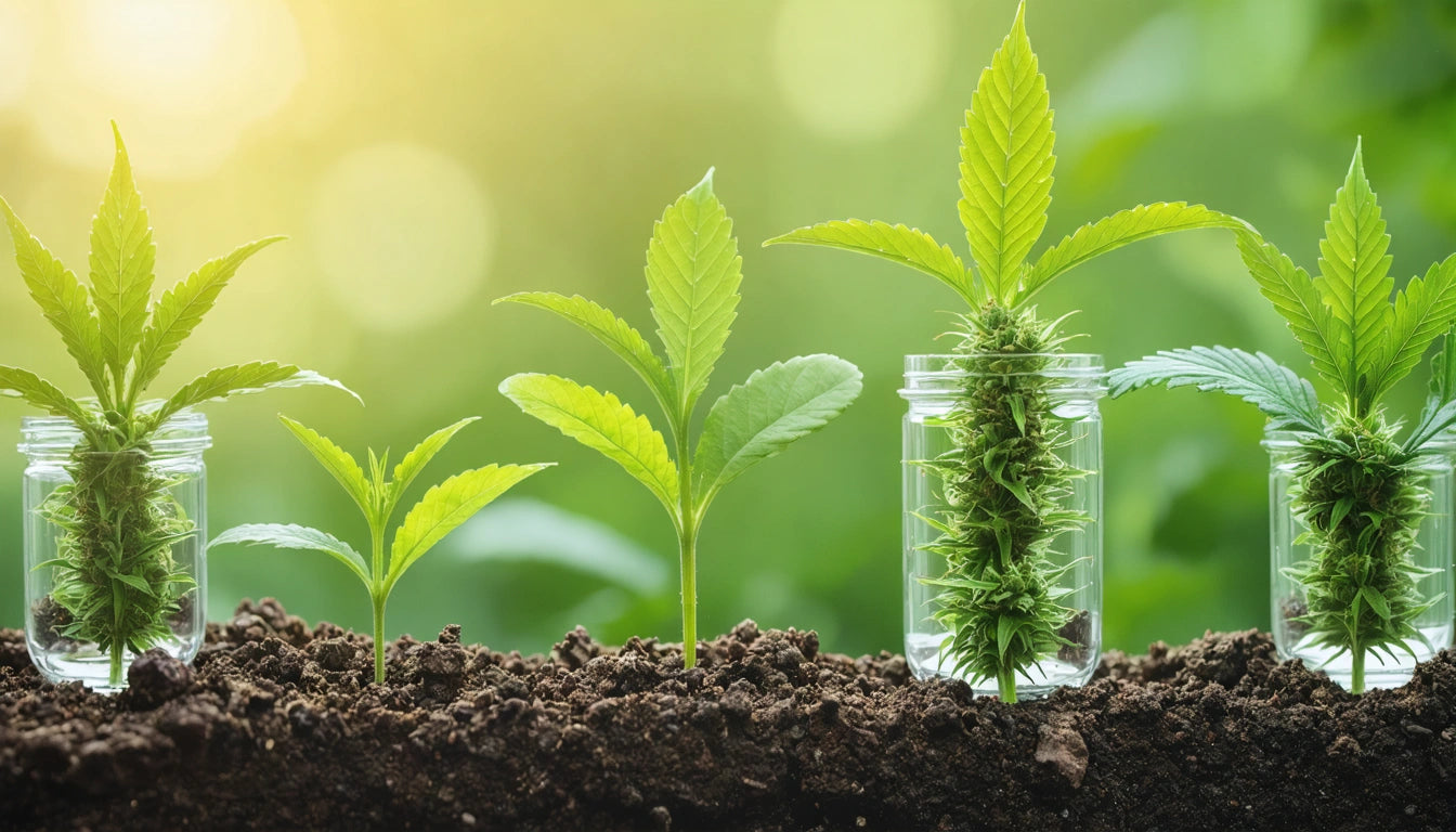 Five small plants growing in soil, two in glass jars, with bright green leaves and a sunlit, blurred green background