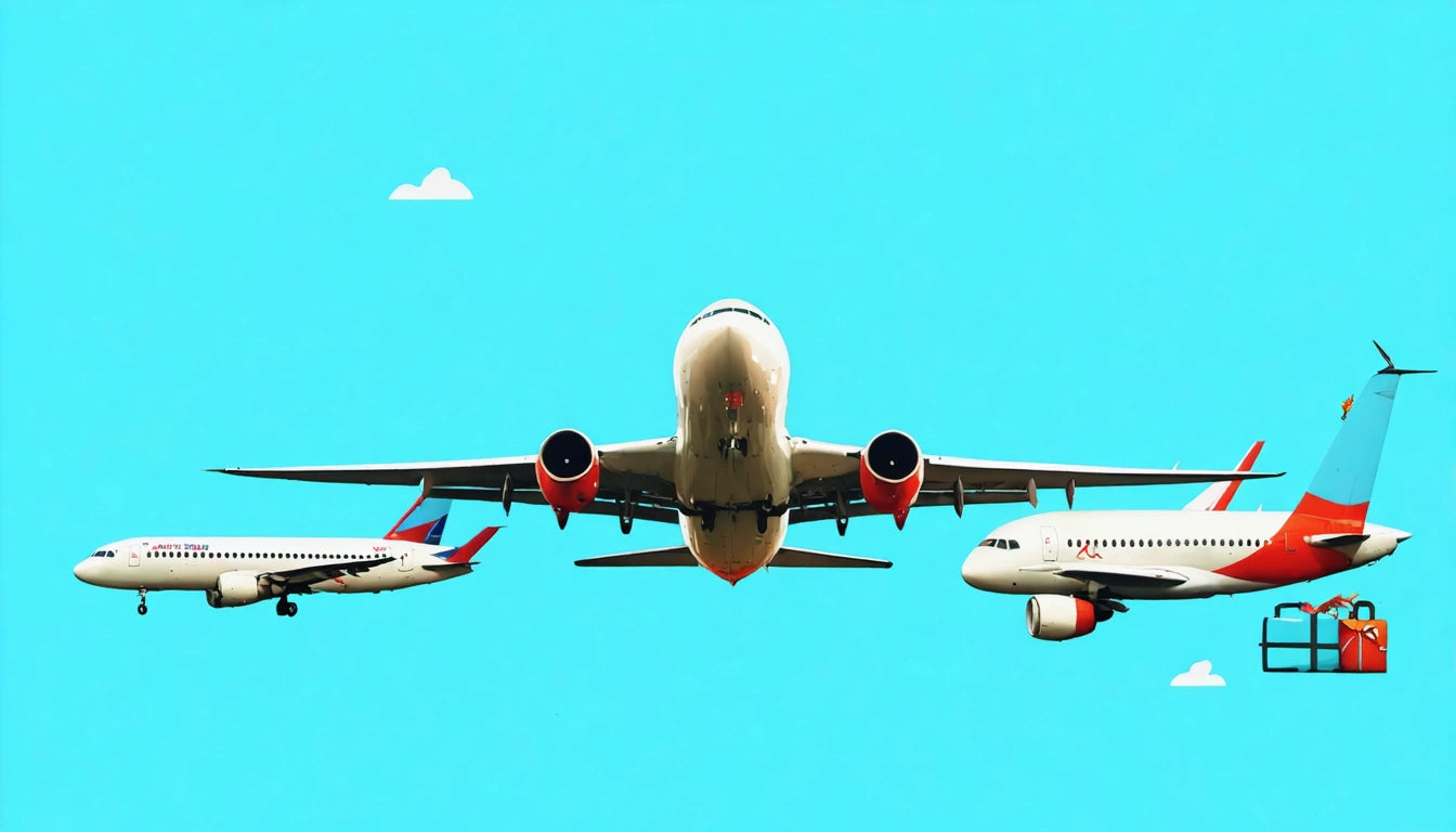 Three airplanes flying against a bright blue sky, one large in the center, two smaller on either side, with small clouds